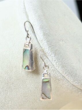 925 Sterling Silver Abalone Shell Drop Earrings Dangle Green Inlay Modern